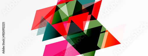 Abstract geometric shapes overlap, creating vibrant color blocks. Composition features reds, greens, pinks, blacks, whites. Minimalist design.
