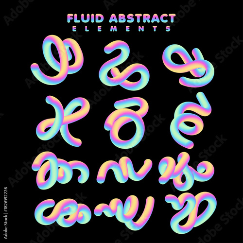 Colorful 3d abstract gradient fluid curves shape collection. Dynamic neon bold, ultra gradient spiral for modern graphic design branding, posters, social media and website background.