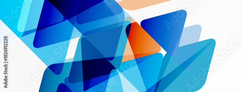 Abstract geometric shapes overlap. Blue hues dominate with orange accent. Clean design suggests technology, innovation, modern aesthetics.