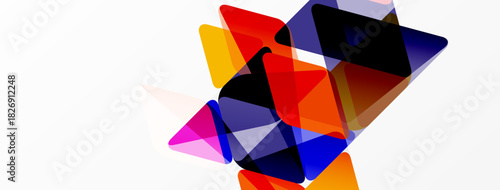 Abstract geometric shapes overlap, creating vibrant color blends. Composition focuses on triangles, dynamic energy, modern design.