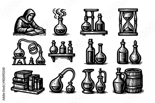 Vintage alchemy icons featuring distiller, potion bottles, and hourglass in retro woodcut style