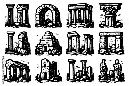 Hand-drawn ancient ruins collection featuring classical architecture columns