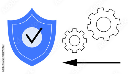 Cybersecurity concept. Cybersecurity illustrated by a shield, check mark, gears, and arrow, emphasizing system protection and optimization. Perfect for security, tech, IT innovation workflow
