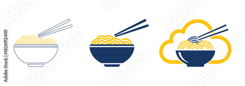 Minimal flat style illustration of noodle bowls with chopsticks, featuring three variations in modern line art design for food, cuisine, and restaurant themes