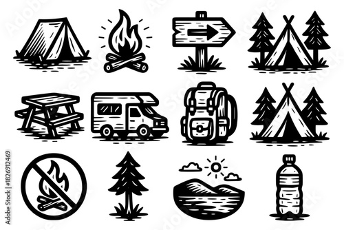 Outdoor camping icons set featuring tents, campfire, and nature elements in vintage style