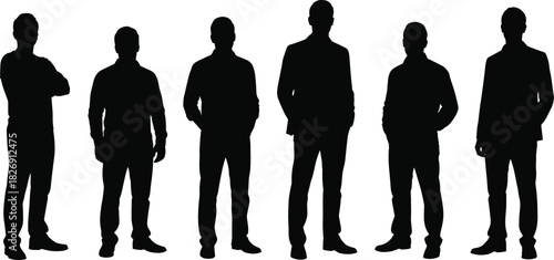 Men standing silhouette vector illustration, group of male figures in casual and business poses, modern minimal black design