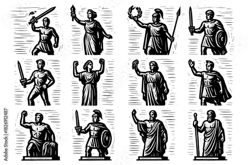 Ancient warriors and leaders woodcut style icon set