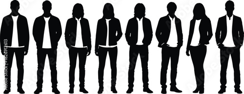 Modern casual people silhouettes, men and women in jackets and jeans, black vector illustration design for lifestyle and fashion artwork