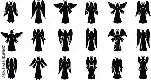 Angels Silhouette Vector Icon Set, Heavenly Figures, Cherubs, Archangels, Guardian Spirits with Wings and Halos, Christmas, Religion, and Spirituality Graphic Illustrations.