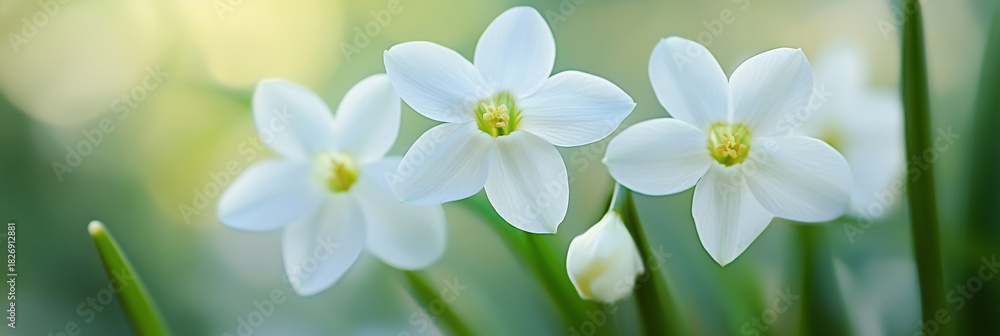 Obraz premium Delicate white spring flowers with soft bokeh background