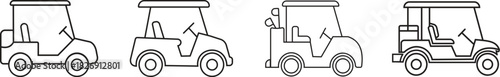 Golf carts outline styles icons set isolated on transparent background, electric transport vehicle collection, side view vector illustrations, isolated simple flat design.