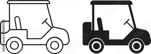 Two golf cart outline and silhouette styles icons set isolated on transparent background, electric transport vehicle collection, side view vector illustrations, isolated simple flat design.