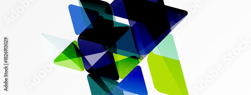 Abstract geometric shapes overlap, creating vibrant color blends. Greens, blues dominate composition, suggesting energy, movement.