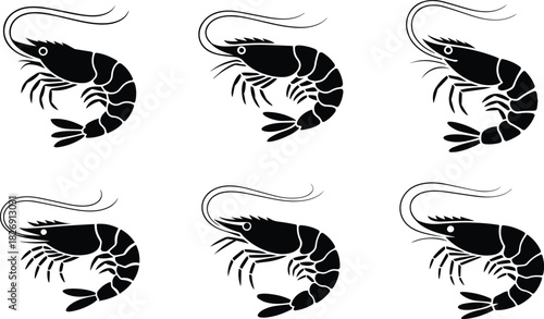 Set of Minimalist black shrimp seafood silhouette vector icon