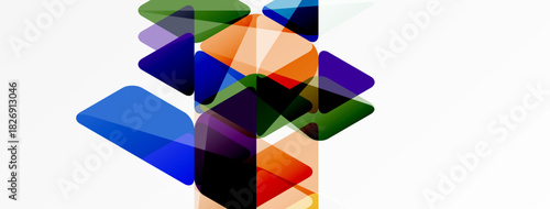 Abstract geometric shapes overlap, creating vibrant color blends. Composition features transparency, depth, modern design elements.