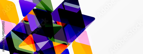 Abstract geometric shapes overlap, creating vibrant color blocks. Composition features bold contrasts, dynamic angles, modern aesthetic.