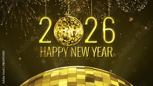 Happy New Year 2026 Greetings Text Background Animation With Disco Balls and Fireworks