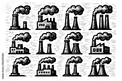 Hand drawn industrial buildings with smoke: eco issues