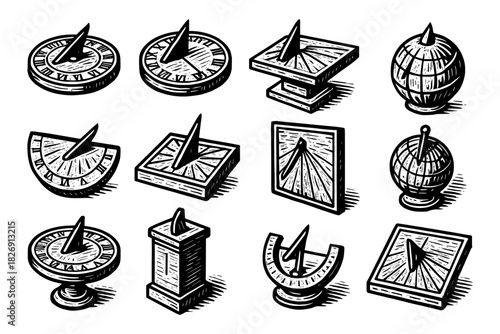 Retro sundial collection: hand-drawn style sun clocks with vintage designs