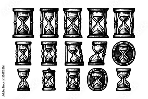 Antique hourglass set: detailed hand drawn collection of vintage sand timers