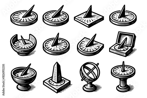 Vintage sundial collection in hand-drawn style with variety of designs and shadows