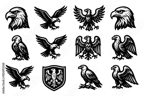 Majestic eagle icons with tribal and heraldic motifs in black and white