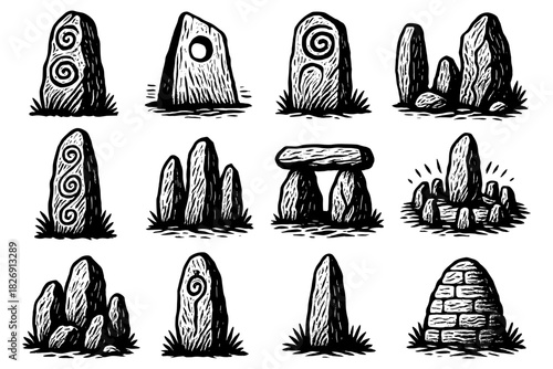 Hand drawn ancient monoliths and stone structures with engravings