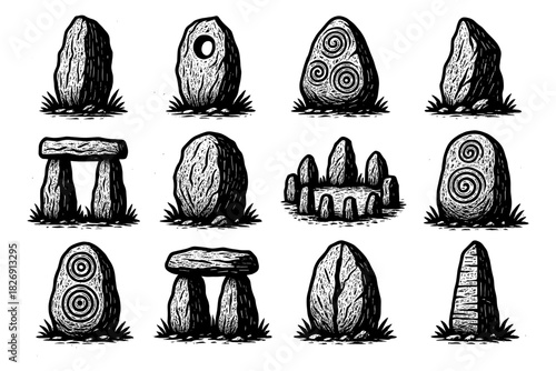 Ancient stone monoliths and dolmens in hand drawn black and white style
