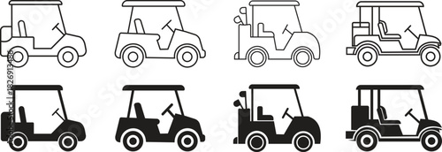 Golf Carts outline and silhouette styles icons set isolated on transparent background, electric transport vehicle collection, side view vector illustrations, isolated simple flat design.