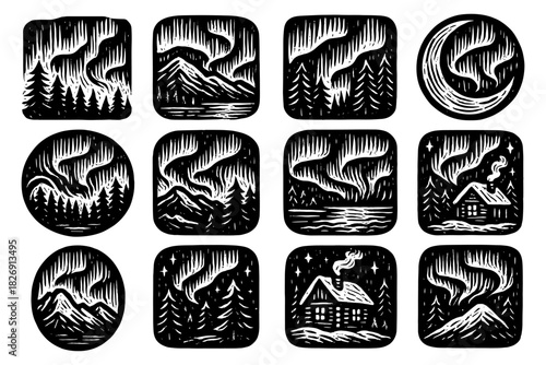 Black and white woodcut style northern lights with forest and cabin scenes