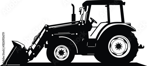 Farm Tractor Front Loader Silhouette Cad Drawing Flat Vector Illustration Black and White Agricultural Machinery Heavy Equipment Industrial Vehicle Icon Design Element Graphic.