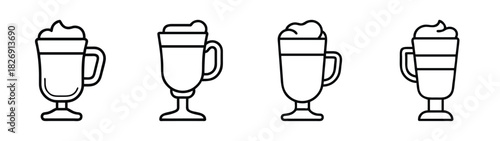 Vector illustration of coffee drinks latte macchiato with cream in glass cups outline style