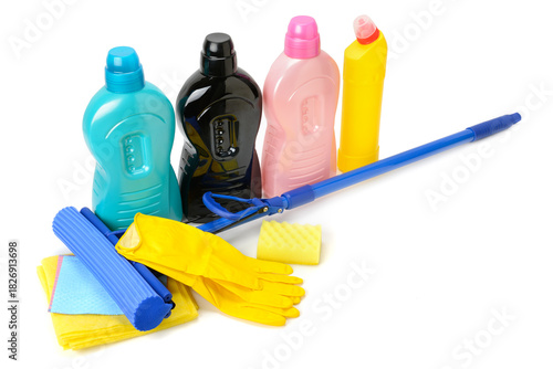 Cleaning products and tools for laundry and bathroom isolated on white background with copy space