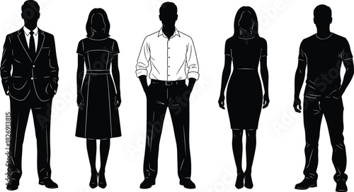 Professional business people silhouettes set, men and women in diverse smart and casual dress code vector illustration figures isolated on white