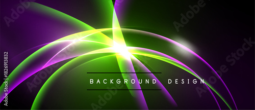 Abstract vibrant design features glowing curves, radiating light. Green, purple hues dominate dark background. Text reads background design.