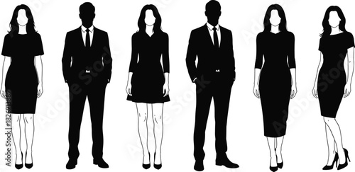 Professional business people silhouettes, elegant men and women in formal office outfits, corporate standing figures, black vector illustration for design resources