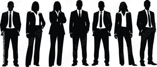 Professional business people silhouettes, men and women in formal office suits, corporate team vector illustration, black design for presentations