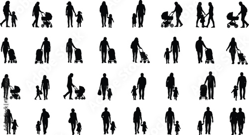 Parents and Children Silhouette Vector Set, Mother and Father Walking with Kids and Strollers, Family Life, Parenting, Daily Routine, and People Population Graphic Collection.