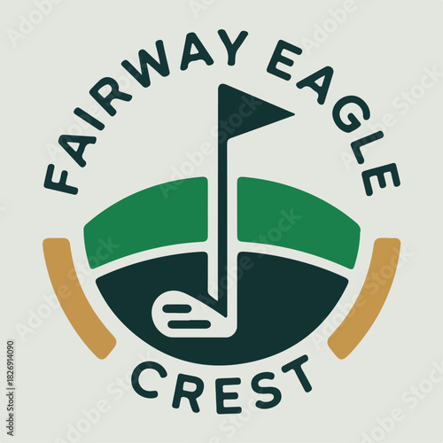 Fairway Eagle Crest golf logo with putting green, flagstick and curved fairway, clean club emblem badge vector for course branding and tournaments
