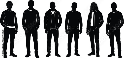 Silhouette vector illustration of modern men in casual outfits and jackets, urban male fashion style, trendy lifestyle design concept
