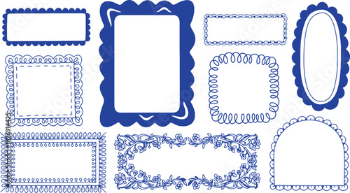 Diverse collection of elegant decorative frames and ornate borders, featuring intricate blue outlines and vintage-inspired designs for various graphic and creative projects