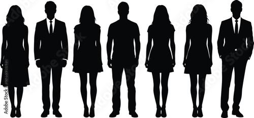 Silhouettes of men and women in formal and casual outfits, black vector illustration design for fashion, business, and lifestyle concepts
