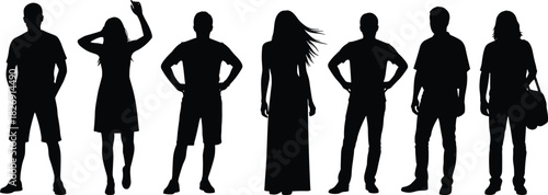 Stylish people silhouettes collection, men and women standing in casual summer outfits, black vector illustration design for creative artwork use