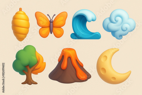 Shape-Shifting Nature Icons – 3D Transforming Element Illustration Set