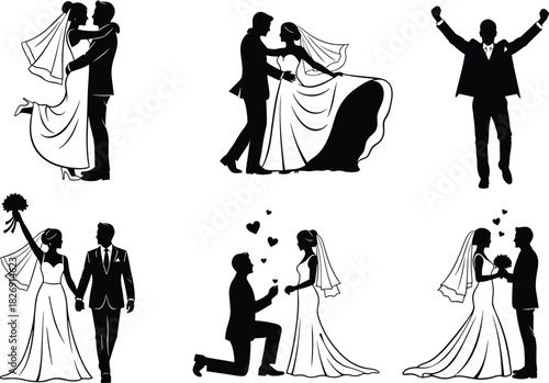 Romantic Wedding Couple Silhouette Vector Set, Bride and Groom Poses, Proposal, Hugging, and Celebration Moments, Love and Marriage Graphic Illustrations Collection.