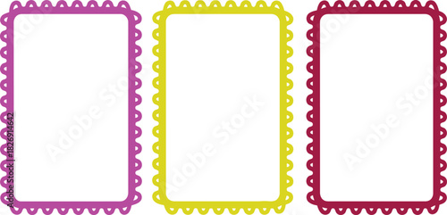 Vibrant trio of empty decorative frames, each with a distinctive scalloped edge in magenta, goldenrod, and deep red, offering versatile design elements for creative graphic projects