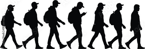 Walking people silhouette vector illustration, group of men and women with backpacks, casual urban travelers, modern lifestyle design