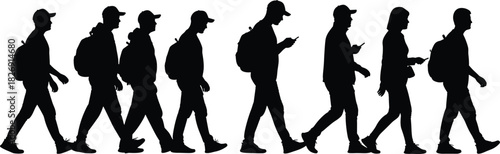 Walking people silhouettes, men and women with backpacks using mobile phones, black vector illustration design for urban lifestyle and travel concepts