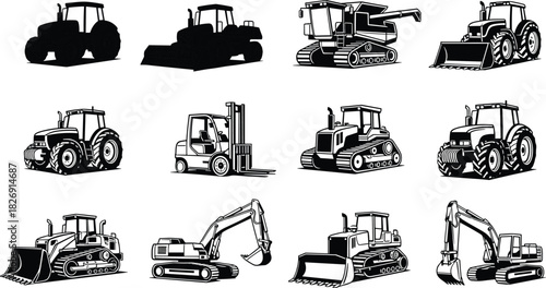 Set of Agricultural and Construction Heavy Machinery Flat Vector Icons Silhouettes Tractors Excavator Bulldozer Forklift Combine Harvester Equipment Industrial Vehicle Graphic Elements.