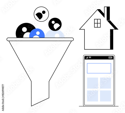Funnel filtering user profiles, a house representing destinationuser intent, and a smartphone showing app interface. Ideal for business strategy, real estate, lead management, app design, user